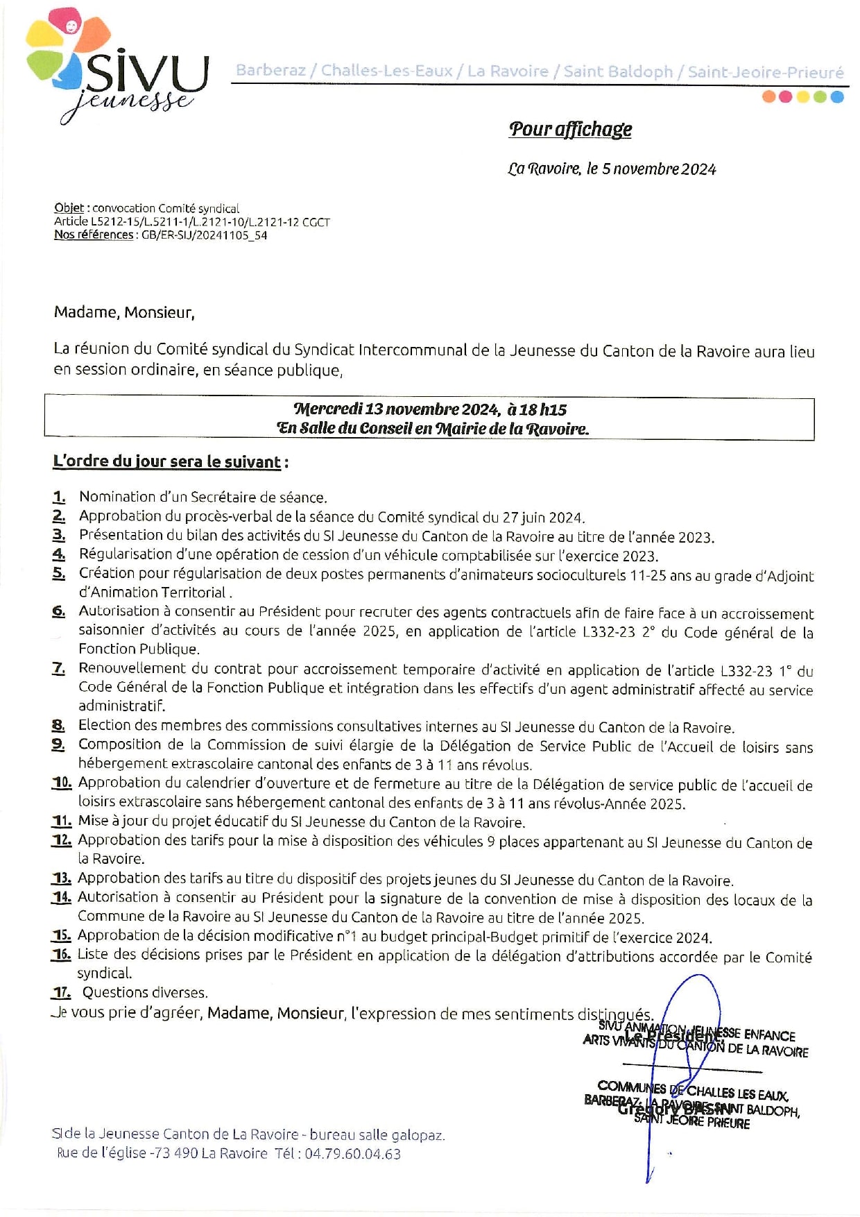 ordre du jour comite syndical du 13 novembre 2024